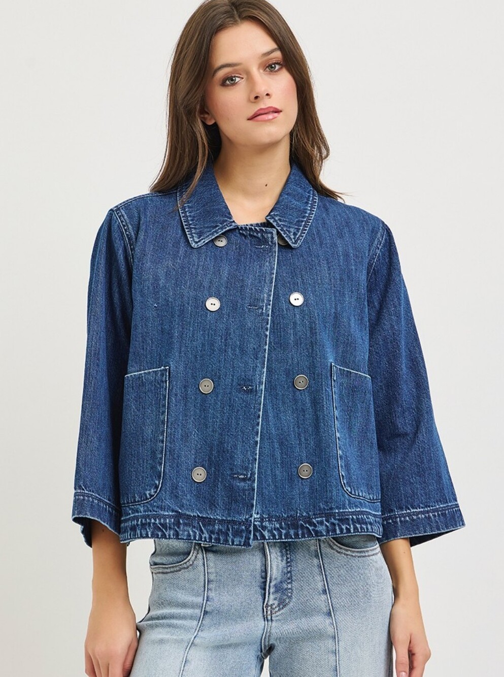 RISEN Double-Breasted Cropped Jean Boxy Dark Rinse Denim Jacket - Blue